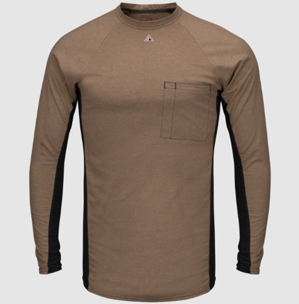 BULWARK Men’s FR Long Sleeve Shirt XXL Khaki Black Chest Pocket Base Layer NWT